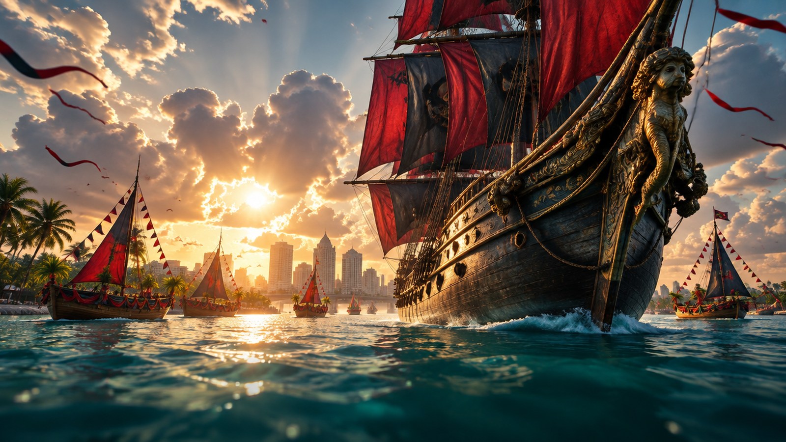 Gasparilla: Cannon Fury VR concept: a pirate sailing ship arriving in a sunlit Florida bay
