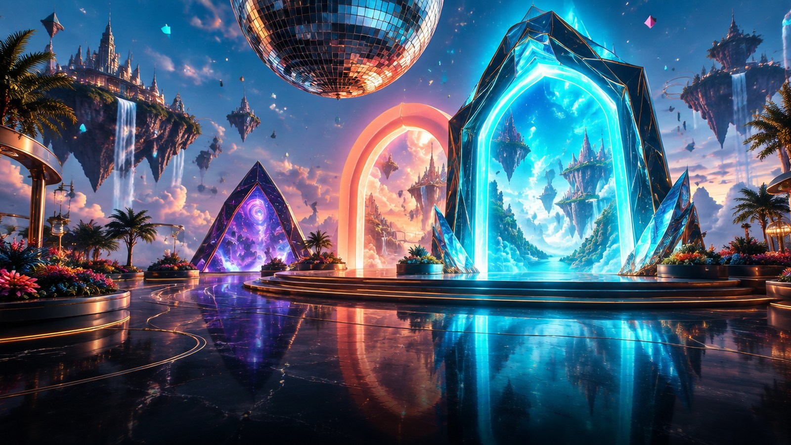 Portal Party concept: luminous portals in a colorful futuristic party plaza